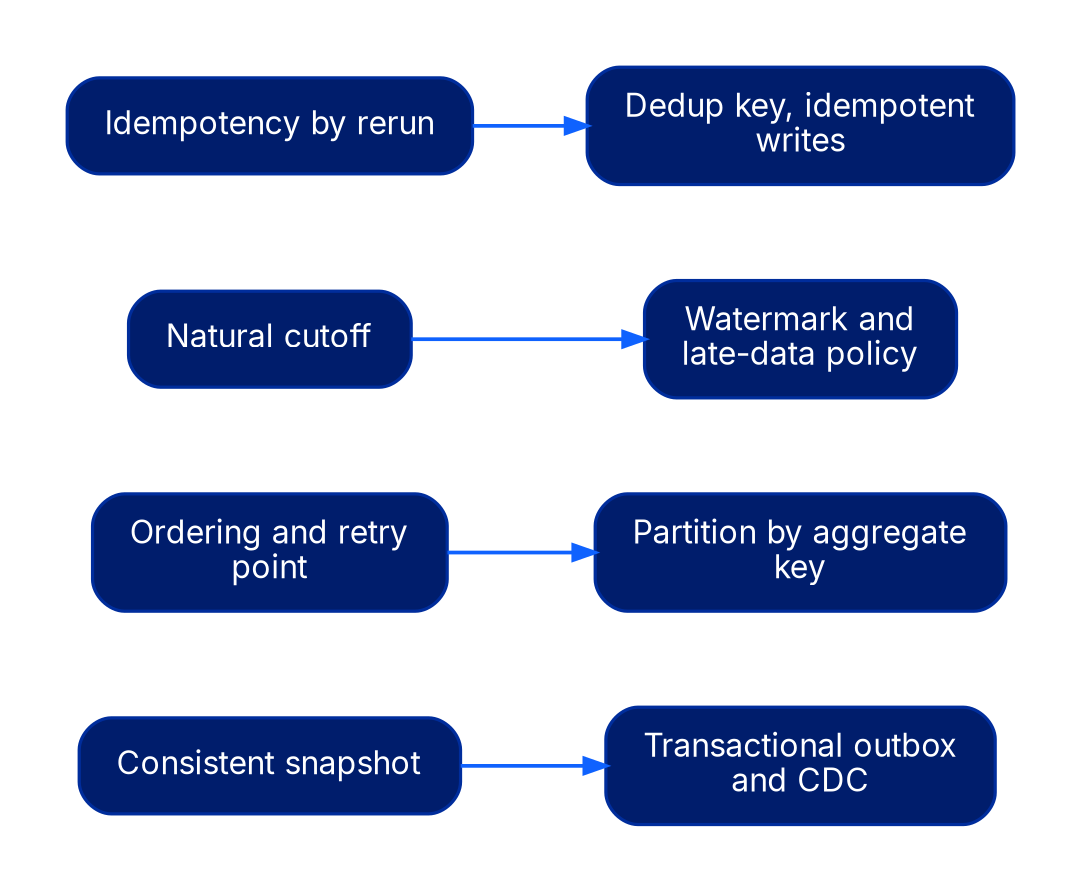 Four one-to-one mappings from a batch guarantee to its event-driven replacement pattern: consistent snapshot to transactional outbox and CDC; ordering and retry to partition by aggregate key; natural cutoff to watermark and late-data policy; idempotency by rerun to dedup key and idempotent writes.