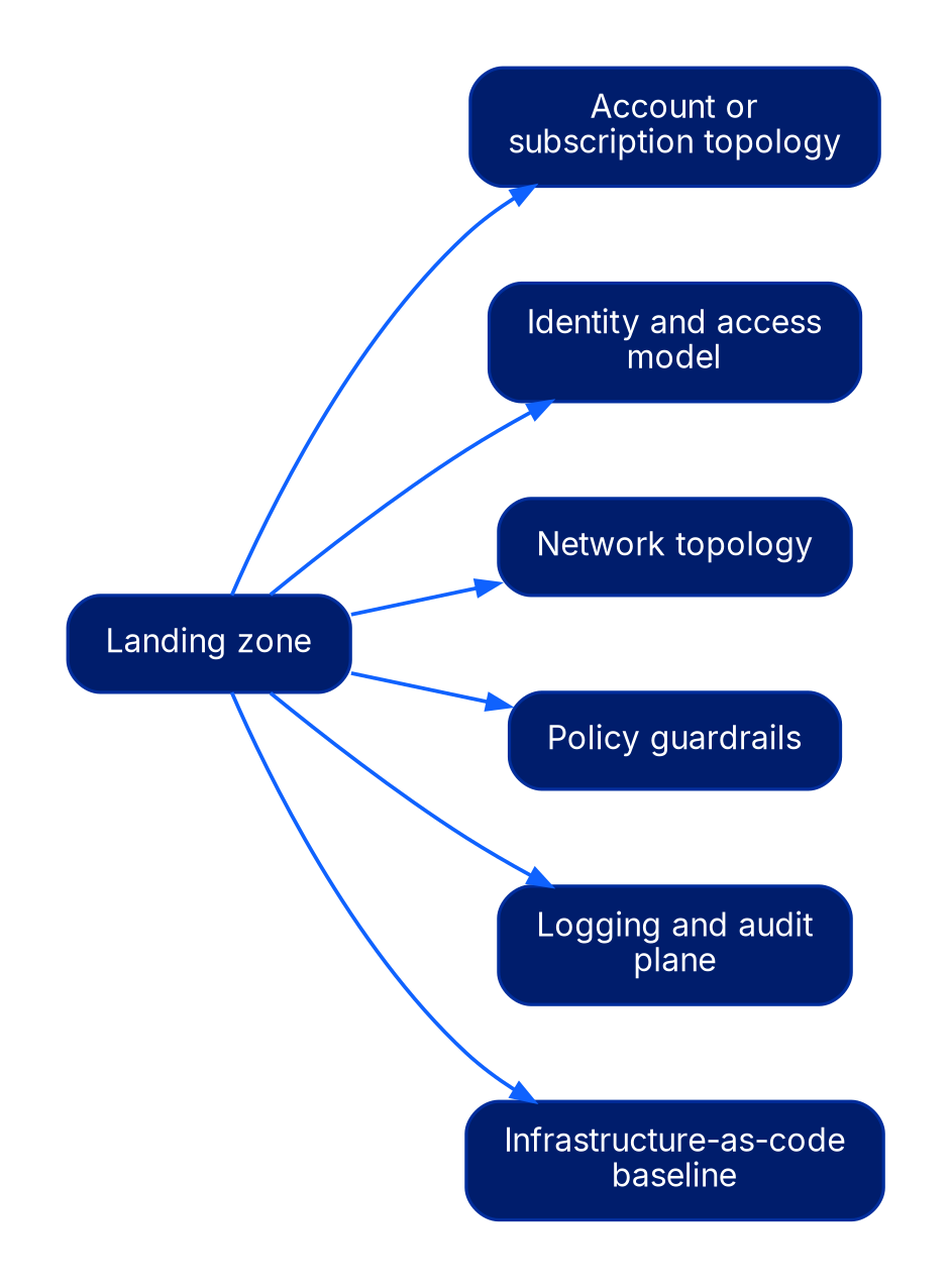 A tree with a Landing zone root branching to six boxes: account or subscription topology, identity and access model, network topology, policy guardrails, logging and audit plane, and infrastructure-as-code baseline.