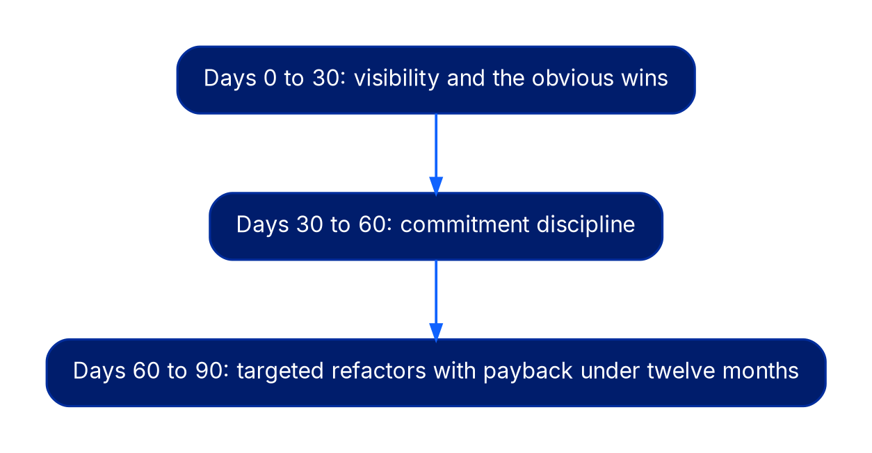A left-to-right flow of three boxes. Days 0 to 30, visibility and the obvious wins. Then Days 30 to 60, commitment discipline. Then Days 60 to 90, targeted refactors with payback under twelve months.